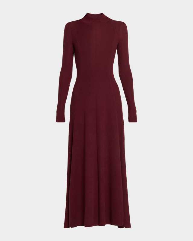 Rib Godet Long-Sleeve Midi Dress